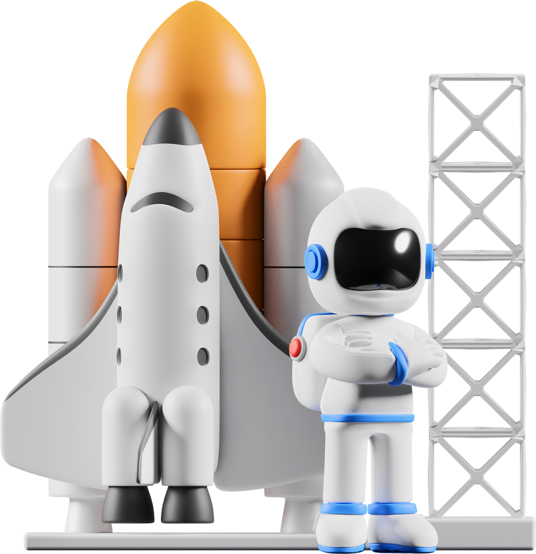 Astro standing with rocket 3d illustration